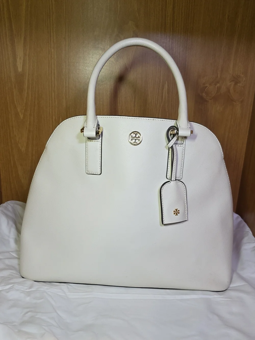 Tory Burch Cream Dome Satchel with Gold Logo
